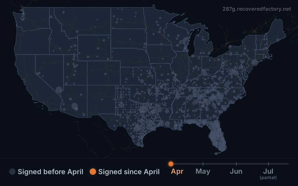 An animated map of the United States. Agencies that joined ICE's 287(g) program before April 2026 appear in gray, then agencies that have signed on from April through July fill in as orange dots, clustering heavily across Texas, the South, and the lower Midwest.