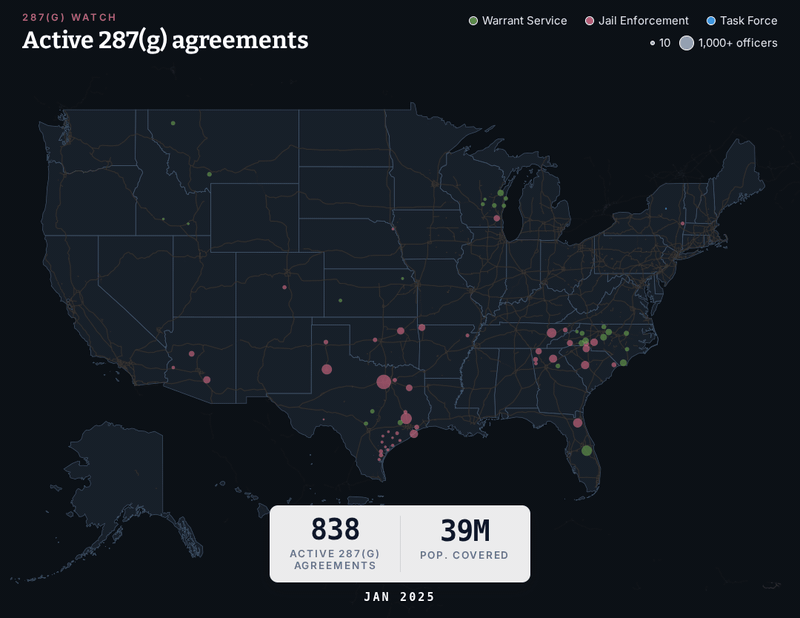 An animated map with dots showing the growth of 287(g) participation over time
