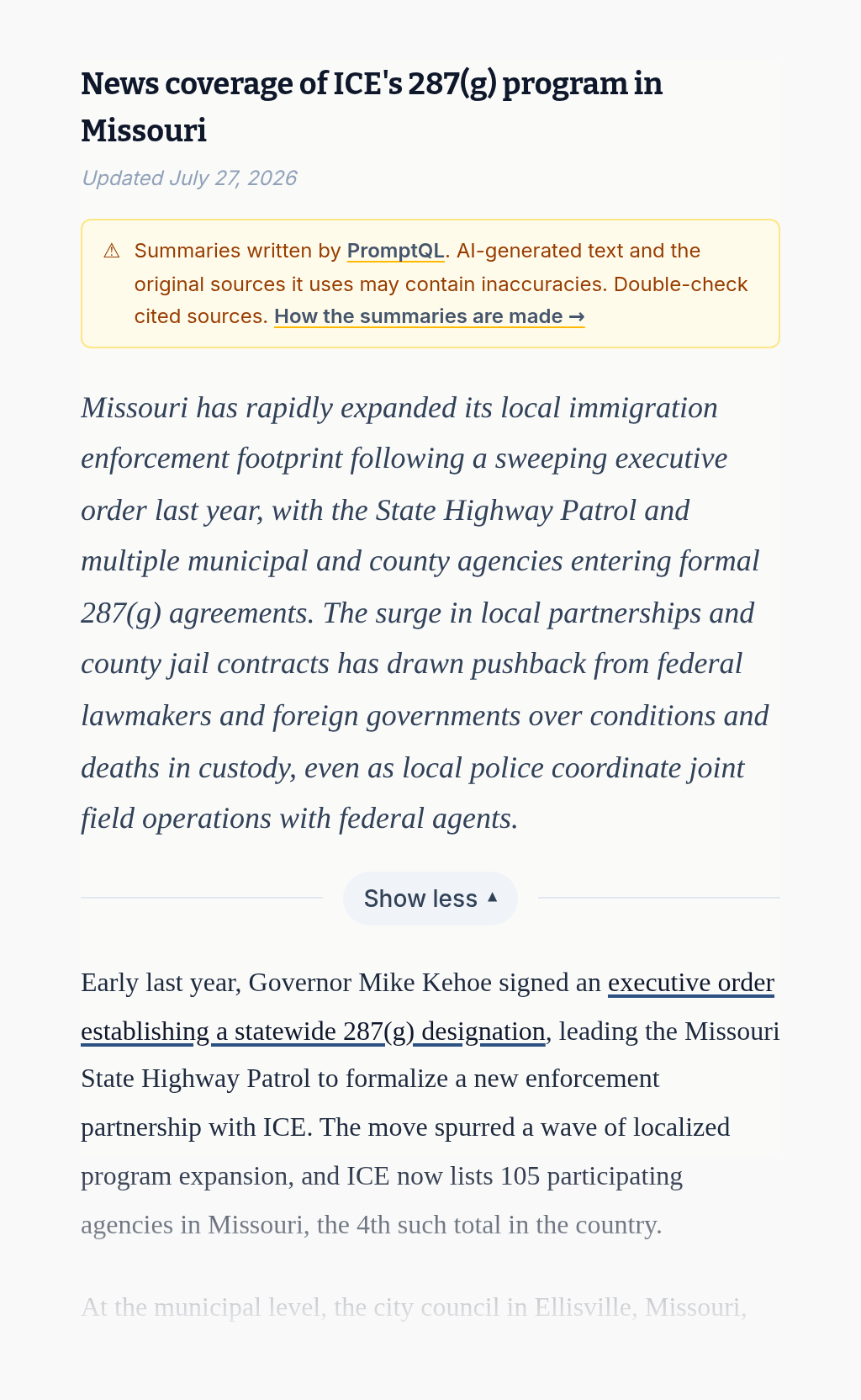 The English news summary on 287(g) Watch's Missouri page: a two-sentence topline in italics, then a narrative brief with links out to the reporting behind each development.