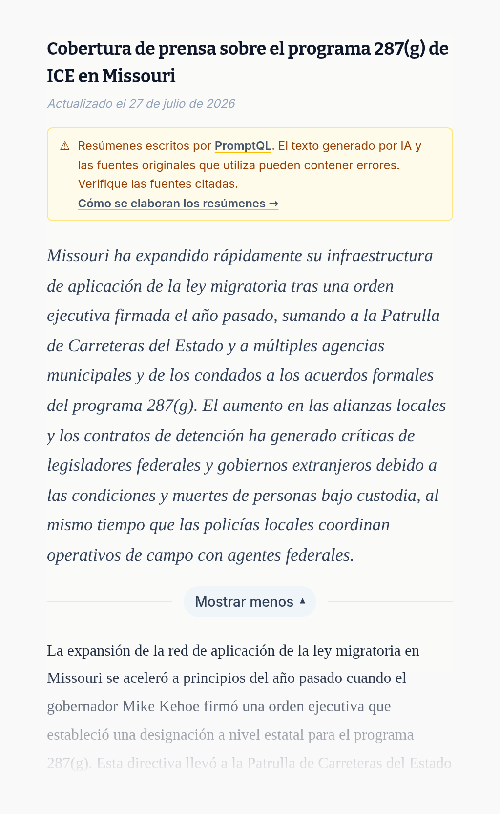 The Spanish news summary on the same Missouri page, covering the same developments in the same order but written natively in Spanish, with its own links.